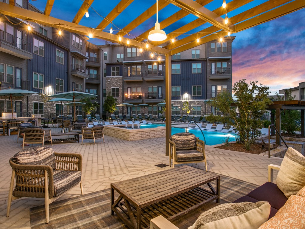 Outdoor lounge area at dusk